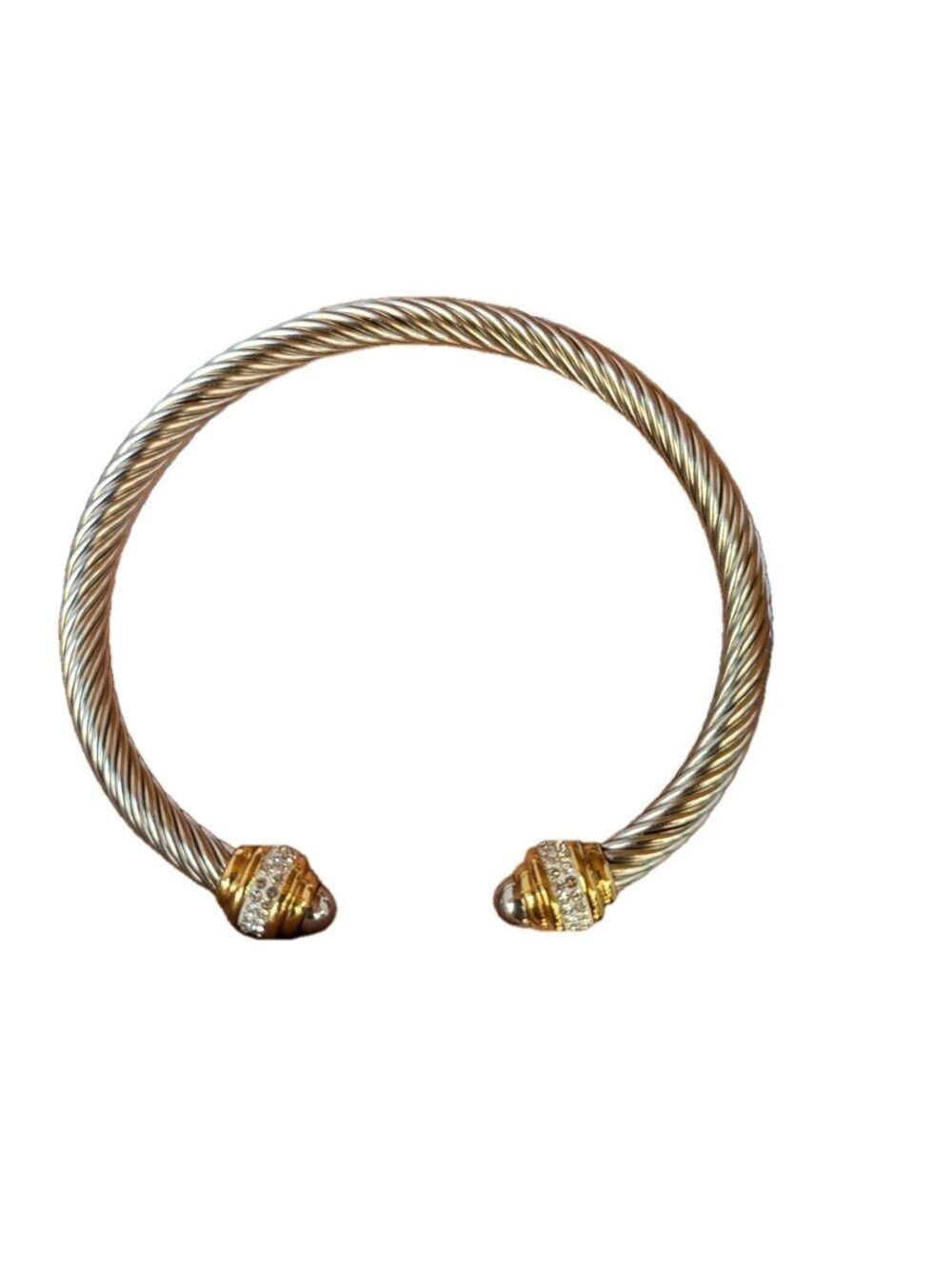 Two Tone Cable Cuff Bangle Bracelet with Gold Tone‎ and Crystal Accents - Picture 3 of 3